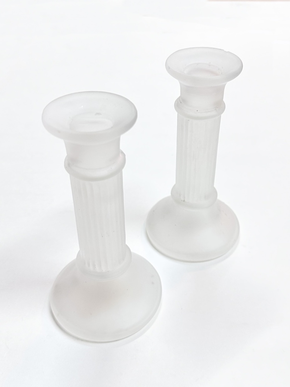 Vintage Pair of Frosted Glass Candlestick Holders / Bud Vase, Greek Corinthian